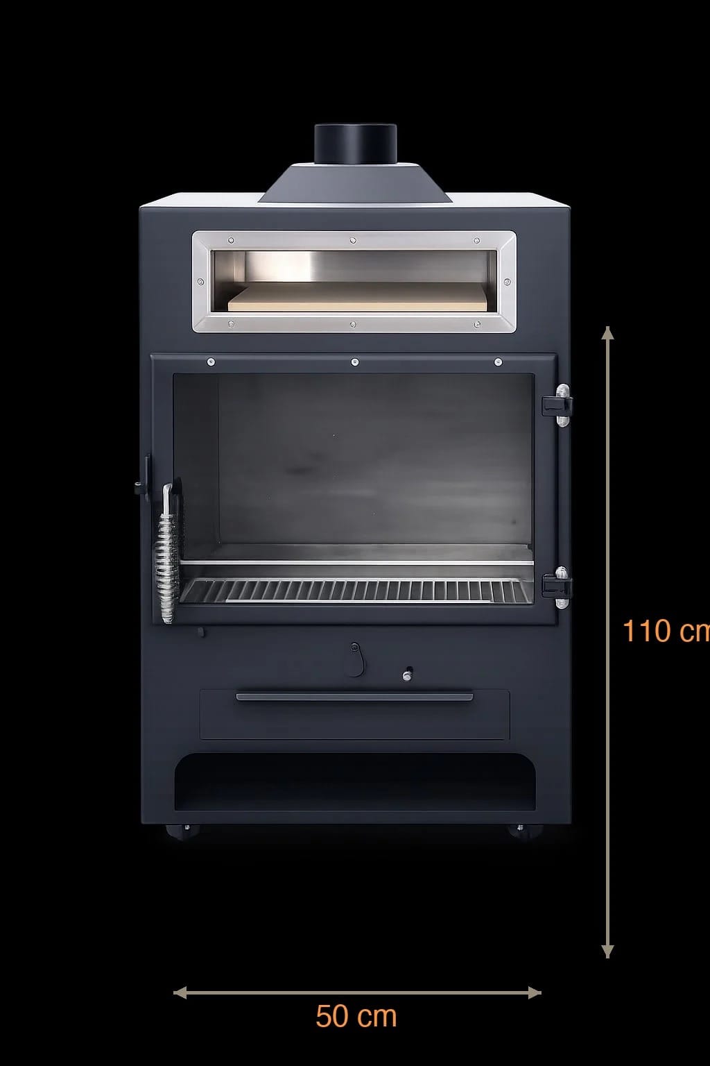 Mặt trước 50 cm — ngăn pizza + buồng đốt cửa kính