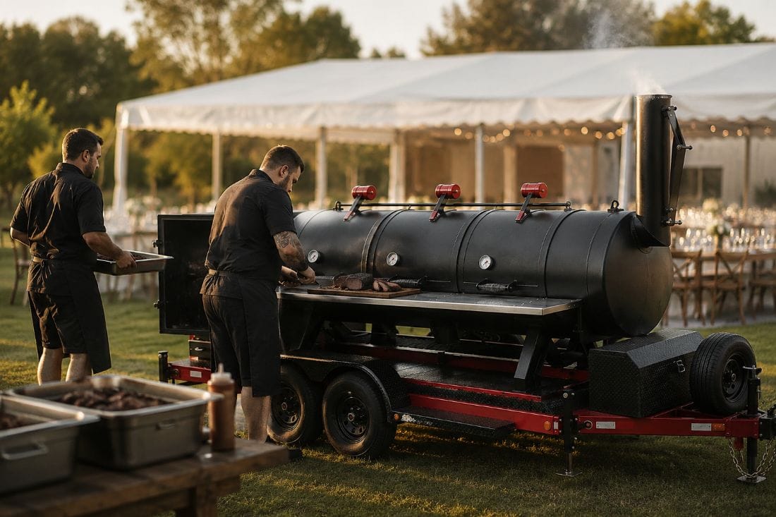 Offset 750 Gallon kéo tới sân tiệc cưới ngoài trời, hai đầu bếp thái brisket trên kệ inox trước rạp khách