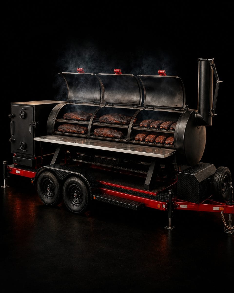 Offset 750 Gallon mở cả ba cửa, brisket và sườn xếp kín hai tầng vỉ, khói mảnh bốc lên