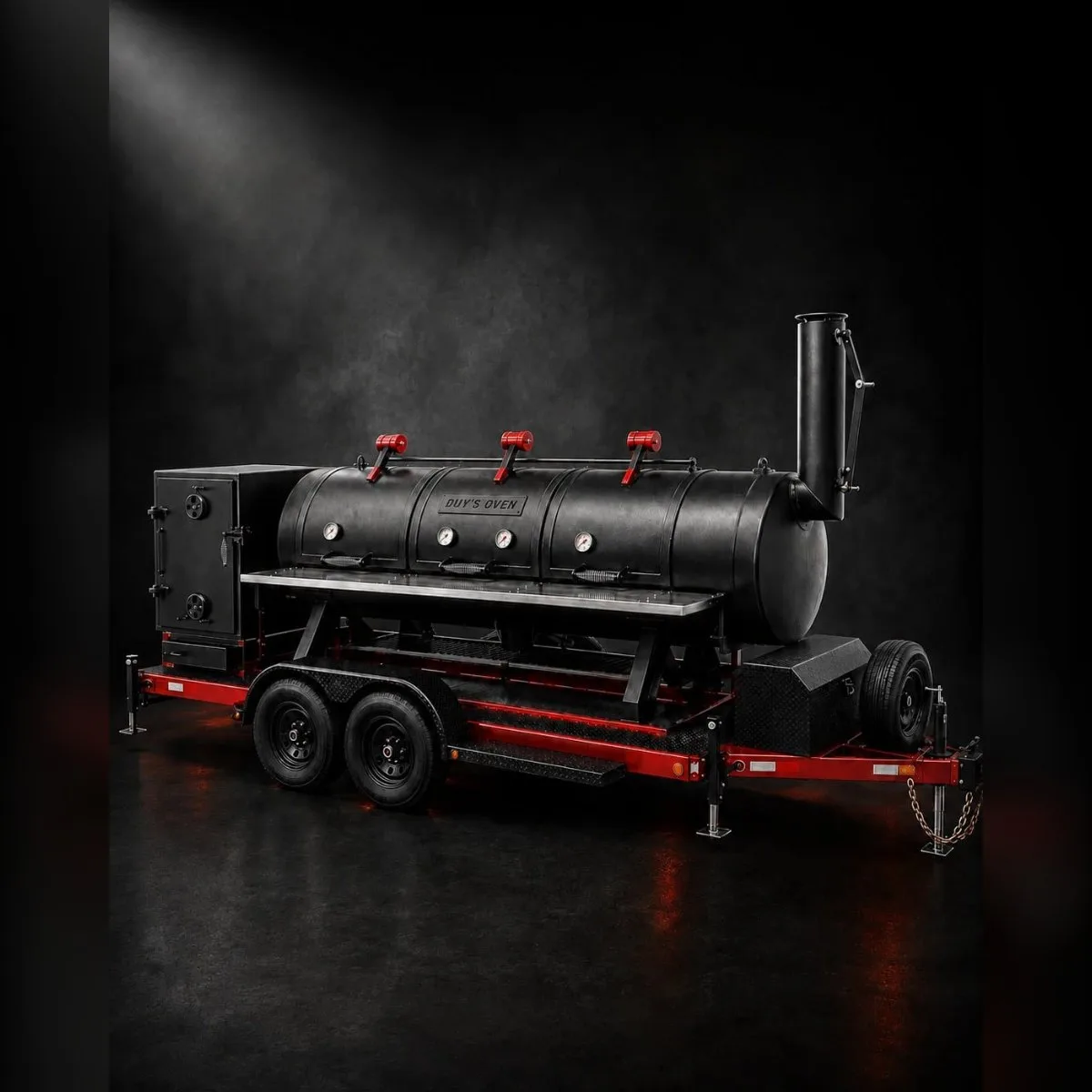Offset Smoker 750 Gallon Trailer — lò xông khói lớn nhất của Duy's Oven, chụp trên nền đen