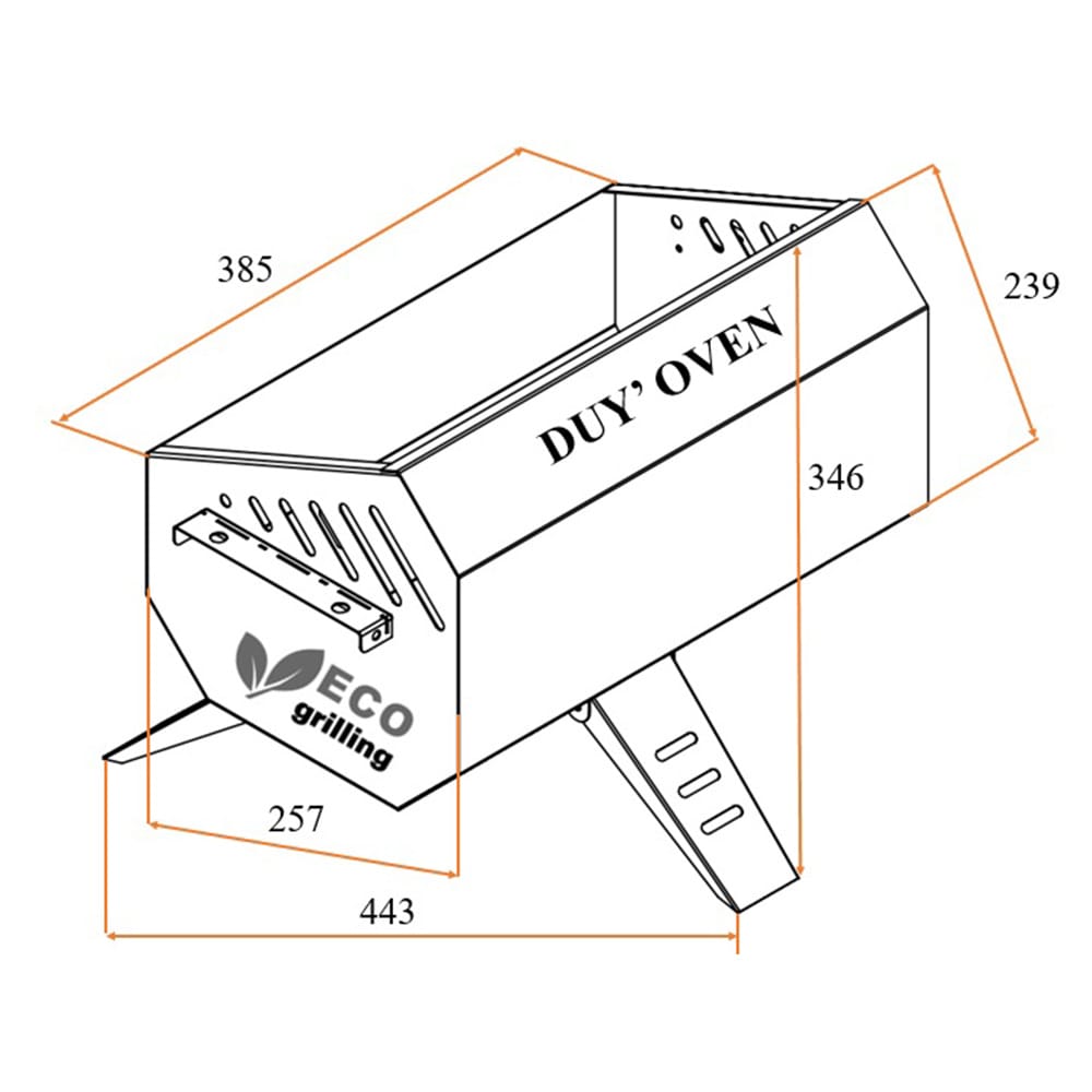 Bản vẽ kích thước lò nướng than EcoGrill: phủ bì 443 × 257 × 346 mm, miệng lò 385 × 239 mm