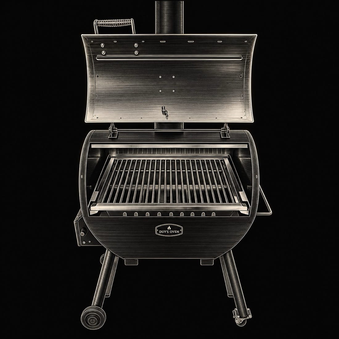 Tranh nét lò nướng than tách khói Duy’s Oven mở nắp, vỉ inox phủ kín miệng lò, ống khói phía sau