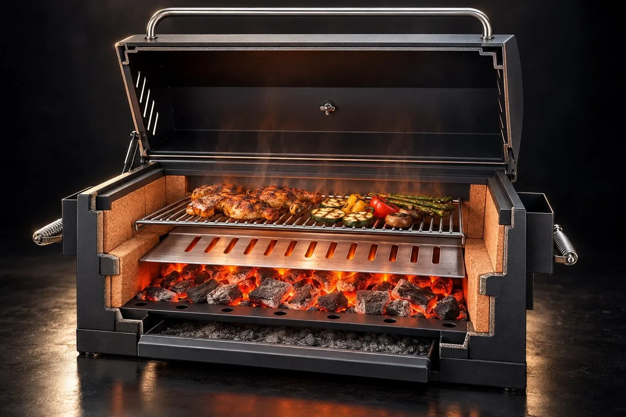 Hình cắt lớp lò Yakitori tách khói: than dưới đáy, khay chắn mỡ ở giữa, vỉ nướng phía trên