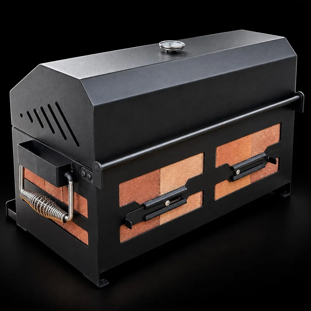 Lò Yakitori tách khói nhìn từ đầu lò, tay cầm inox bọc lò xo