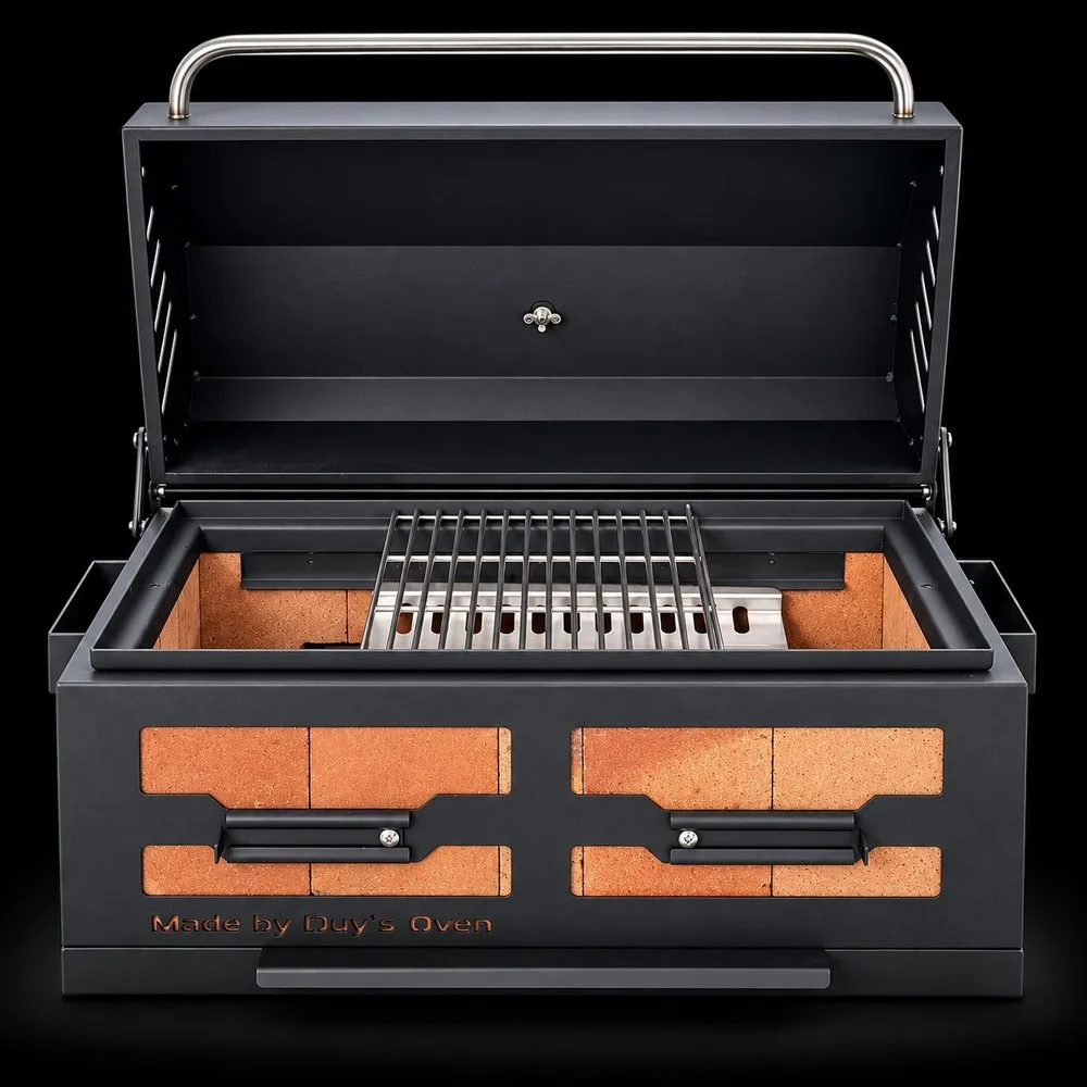 Lò Yakitori tách khói mở nắp, vỉ inox đặt sâu trong lòng gạch