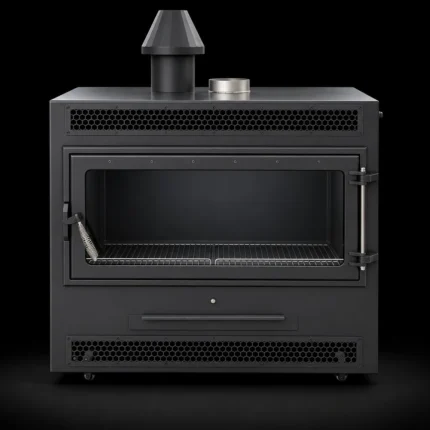 FirePlace Max Flow nhìn chính diện, cửa kính rộng, lưới tổ ong trên và dưới