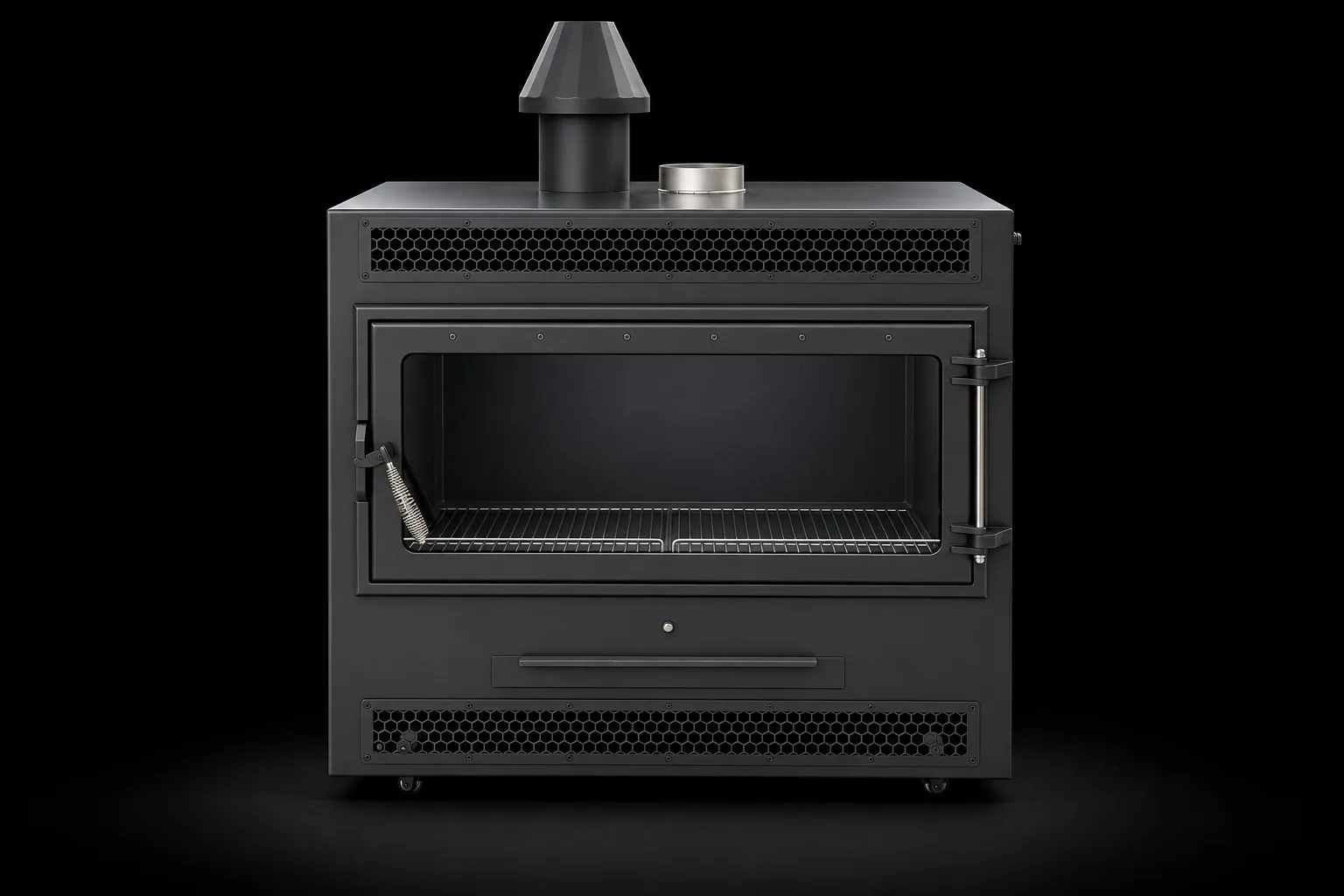 FirePlace Max Flow nhìn chính diện, cửa kính rộng, lưới tổ ong trên và dưới